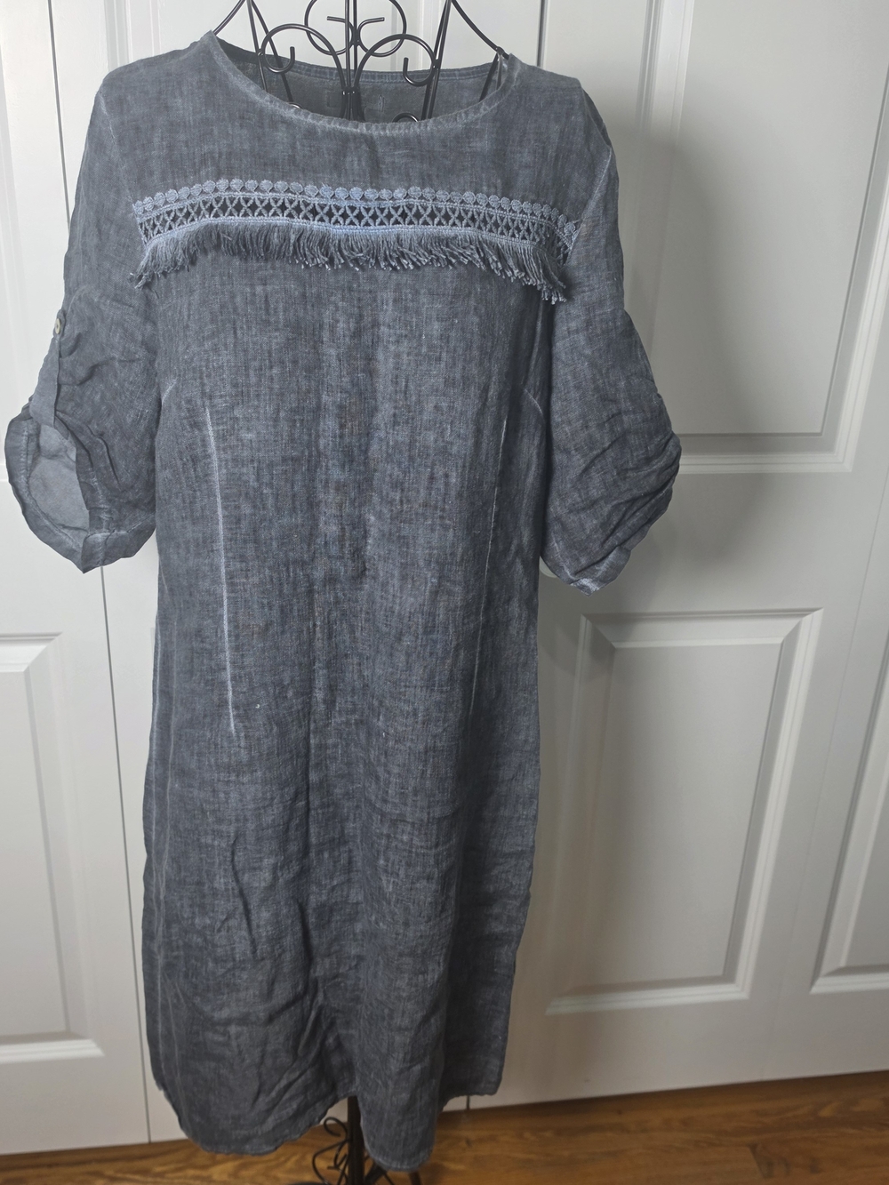 Women's Charcoal Fringe Yoke Linen Tunic